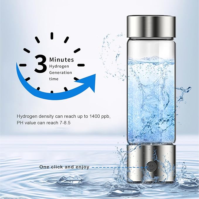 feifuns Hydrogen Water Bottle Generator, 2-in-1 Rechargeable Portable Glass Hydrogen Water for Health, 3 Mins & 3 Steps, 4th Generation SPE & PEM Technology, Matching Your Lifestyle (Silver)