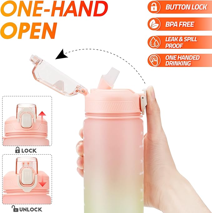 Motivational Water Bottle with Time Marker- 32oz Water Bottles with Times to Drink, Leakproof & BPA Free Sports Water Bottle with Straw & Carry Strap for Fitness, Gym, and Outdoor Sports