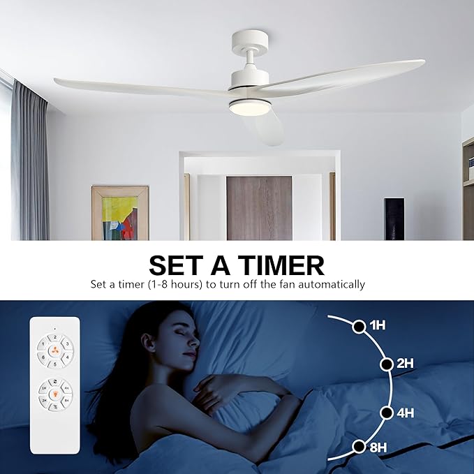 WINGBO 60 Inch DC Ceiling Fan with Lights and Remote Control, 3 Reversible Carved Wood Blades, 6-Speed Noiseless DC Motor, Modern Ceiling Fan in White Finish