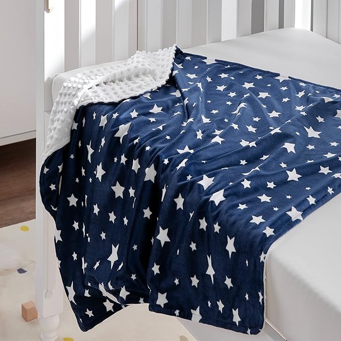 DaysU Silky Micro Soft Plush Baby Blankets Unisex with Print Star Pattern and Soothing Raised Dots, Double Layer Bed Throws for Toddler Cot, Star, Navy, 50x60 Inches
