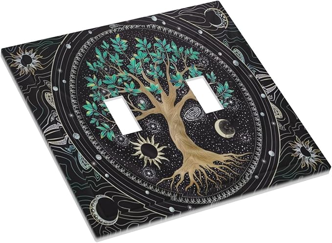 Tree of Life Blackground Double Toggle Light Switch Cover Decorative Hippie Sun Moon Star 2 Gang Wall Plate Electrical Faceplate Switchplate Art Panel for Bathroom Bedroom Living Room Decor