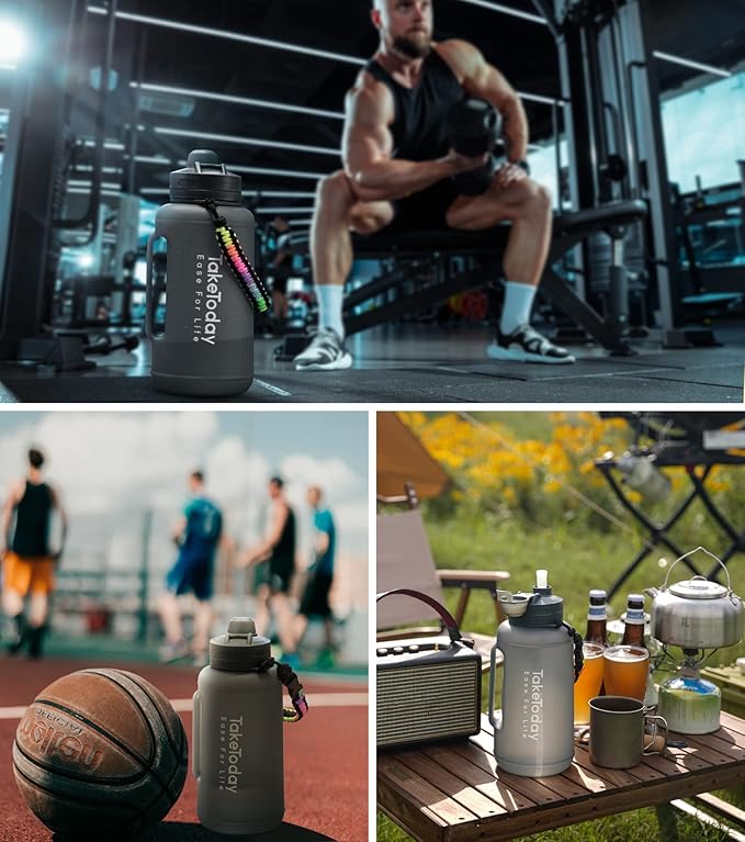 68 oz Collapsible Water Bottles With Straw, Half Gallon Water Bottle With Motivational Time Marker, Large Reusable Silicone Water Jug With Paracord Handle For Sports, Outdoors (Blue)