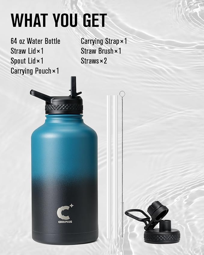 Coolplus 64 oz Water Bottle Insulated, Half Gallon Insulated Water Jug With Straw Stainless Steel Double-Walled Vacuum Metal Large Flask Bpa-Free Leakproof, Keep Cold 48 Hrs Hot 24hrs, Blue Black