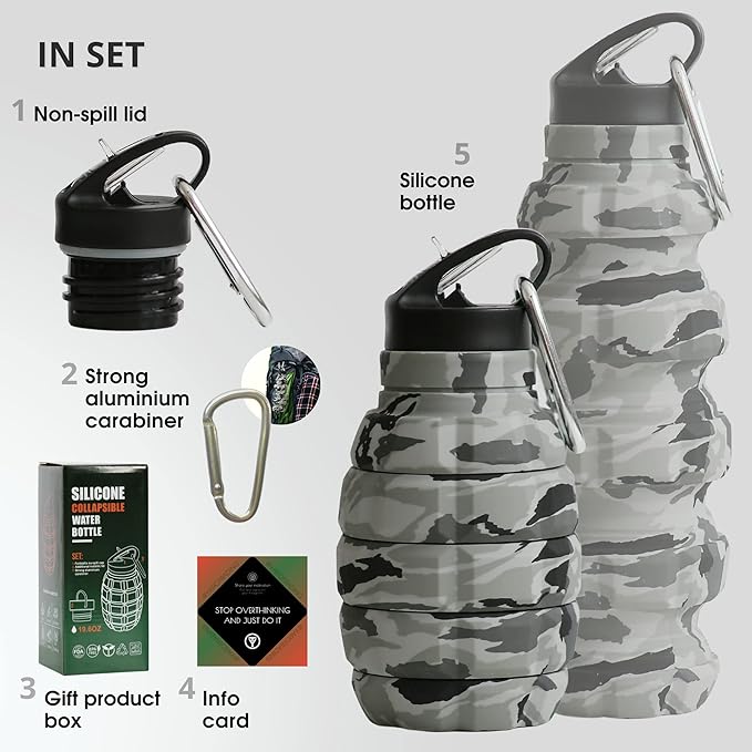 Collapsible Water Bottle 19.6oz - Gift Box, Carabiner, Leak Proof Lid - Collapsible Water Bottles for Traveling - Gifts for Husband & Veterans Day Gift - Reusable & Foldable Gift for Travelers (Gray)