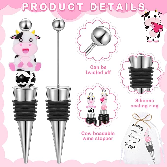 Gisafai 36 Set Cow Beadable Wine Stoppers Baby Shower Wedding Favors for Guests Decorative Beaded Wine Bottle Stopper with Cow Beads Organza Bag Tag for Wedding Cow Party Favor Souvenirs Gifts