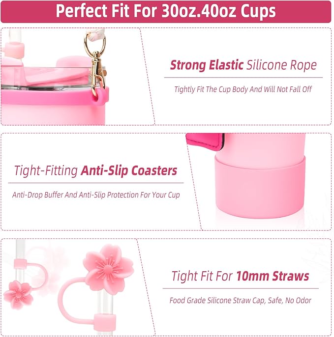 Stanley Cup Accessories Set Including 1 Pcs Water Bottle Handle Strap, 1 Pcs Siliocne Straw Cover, 1 Pcs Siliocne Stanley Cup Boot, 3 Pcs Stanley Charms for Stanley Cup 40oz & 30oz Tumbler - Pink