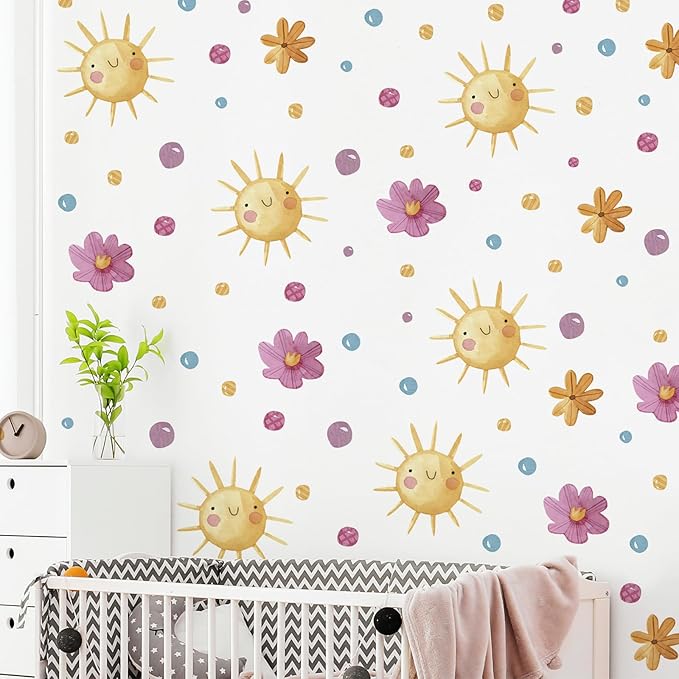Watercolor Boho Smiling Sun Wall Decals Removable DIY Colorful Flowers Wall Decal Peel and Stick Dewdrops Wall Stickers Wall Art for Baby Nursery Bedroom Living Room Playroom Decor