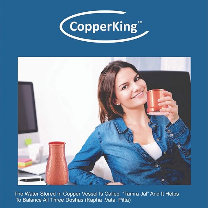 Pure Copper Hammered Pitcher with Inbuilt Tumbler | Ayurvedic Solid Copper Water Bottle Drinking Jar with Cup Galss | Best Use Carafe for Office, Bedroom, Dining Table Pot 37oz / 1100 ML / 1.1 Liter