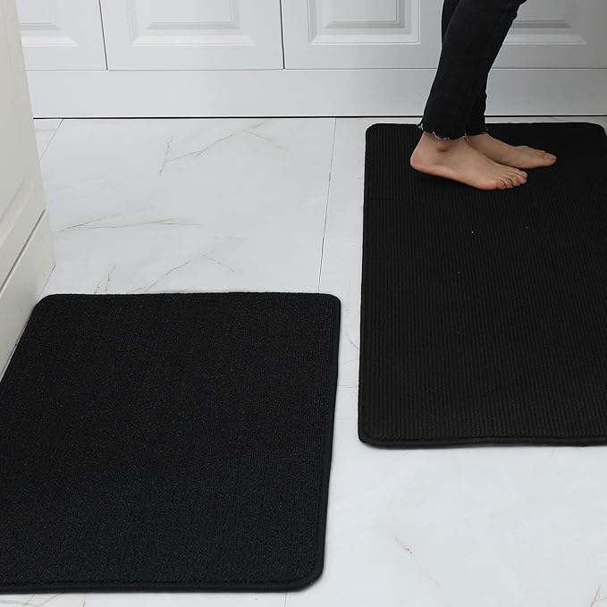 COSY HOMEER 20x30 Inch/20X48 Inch Kitchen Rug Mats Made of 100% Polypropylene Strip TPR Backing 2 Pieces Soft Kitchen Mat Specialized in Anti Slippery and Machine Washable,Black