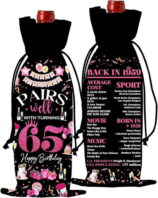 65th Birthday Gifts for Women Men Wine Bag, 65 Year Old Birthday Gifts for Women, 65th Birthday Party Decorations for Women Men, Pairs Well with Turning 65 Wine Bags (Black Pink)