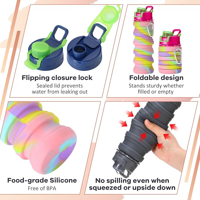 Sunnyray 14 Pack Collapsible Water Bottles 17oz Silicone Portable Water Bottle Bulk Foldable Leak Proof Water Bottle Reusable Camouflage Sports Bottles with Clip for Travel Hiking Camping Outdoor