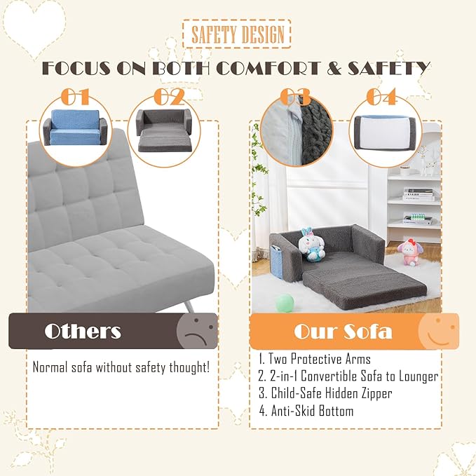 Baby Toddler Sofa Couch for Kids Extra Wide 2-in-1 Toddler Sherpa Fold Out Couch Bed for Playroom, Pull Out Children Convertible Sofa to Lounger for Boys and Girls with Double Pockets, Grey-Blue