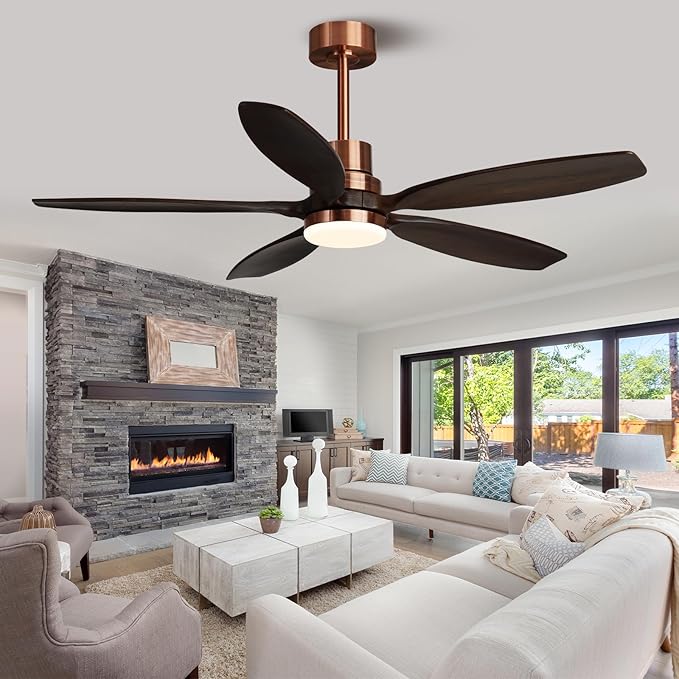 52" Ceiling Fan with Light and Remote,Reversible DC Motor,6Speed,Modern Natural Wood Ceiling Fan with Dimmable LED for Outdoor Patios Bedroom Living Room,Black Walnut and Red Brass