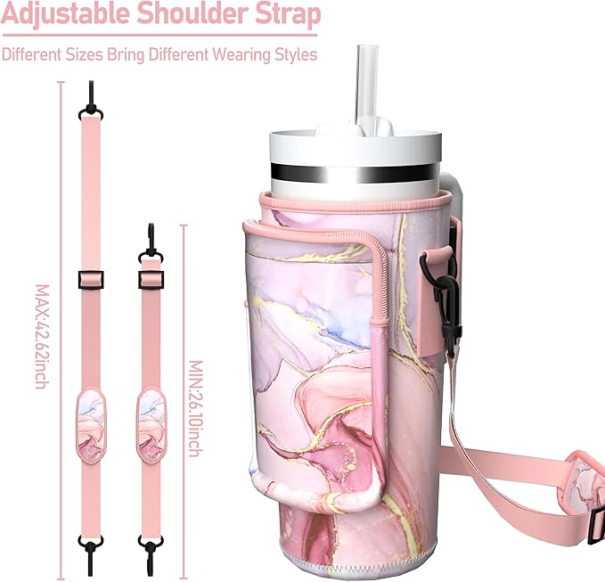 Water Bottle Carrier Bag with Phone Pocket for 40oz Tumbler with Handle, Adjustable Strap Neoprene Water Bottle Sleeve Pouch for Hiking Camping Travelling. (Pink Marble)