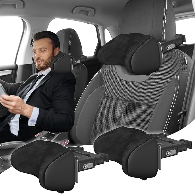 Car Headrest Pillow 2 Pack Car Neck Pillow for Driving Seat Head Support Memory Foam Auto Car Pillow Neck Adjustable Support for Front Seat Fit for Different Heights, with Hook, Tablet Holder