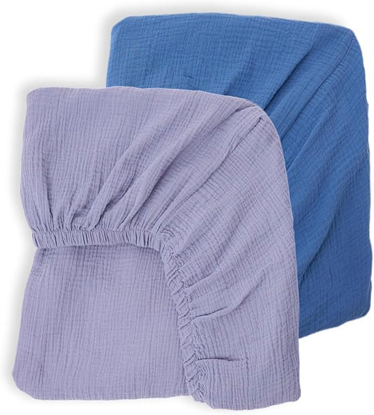 Muslin Neutral Crib Sheets for Boys & Girls 2 Pack Blue Set 28"x 52" Rutiwa Breathable Baby Sheets for Crib Organic Cotton Fitted Sheets for Toddler Bed & Standard Crib Mattress Boho Style