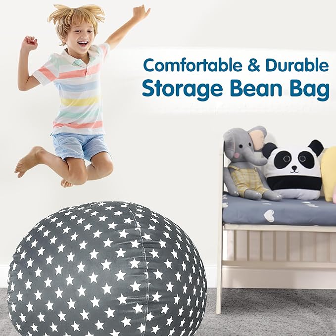 Lukeight Stuffed Animal Storage Bean Bag Chair Cover for Kids, Zipper Beanbag Chair Cover for Organizing Toddler & Kids' Rooms Plush Toys (Stars Gray Velvet, Large)