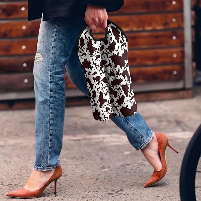 doginthehole Brown Cow Print Wine Tote Carrier Bag 2 Bottle Insulated Neoprene Wine/Water Bottle Holder Protective Travel Bag Champagne Cooler Bag for Beach Picnic Dinner Wedding