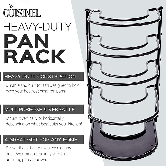 Cuisinel Heavy Duty Pan Organizer - 12.2" - 5 Tier Rack - Holds 50 LB - Cast Iron Skillets, Griddles and Shallow Pots - Durable Steel Construction - Space Saving Kitchen Storage - No Assembly Required