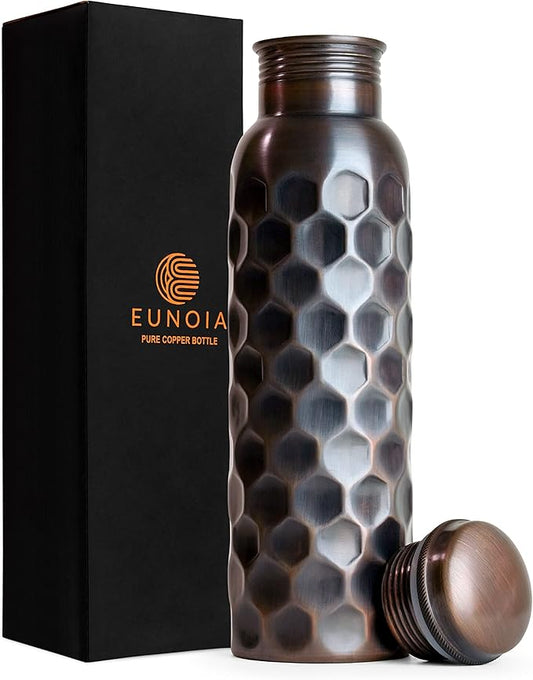 Eunoia Copper Water Bottle with Lid 32 oz, Handmade Ayurvedic Copper Bottle Water Vessel, Gym Water Bottle for Sports Exercise Yoga Fitness, Diamond Antique