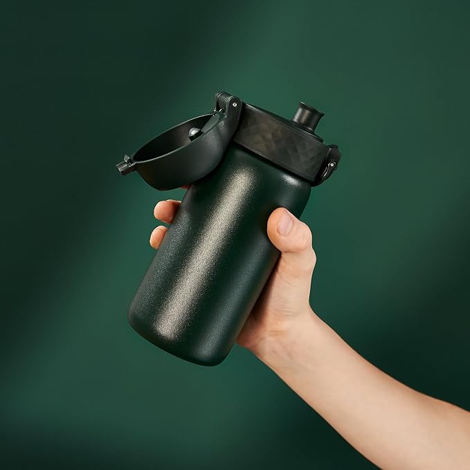 Ion8 Kids Water Bottle, Steel 400 ml/13 oz, Leak Proof, Easy to Open, Secure Lock, Dishwasher Safe, Flip Cover, Carry Handle, Easy Clean, Durable, Scratch Resistant, Carbon Neutral, Dark Green