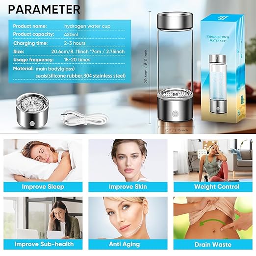 Hydrogen Water Bottle, Portable Hydrogen Water Bottle Generator, Hydrogen Water Machine Improve Water in 3 Minutes for Home, Office, Travel (Silver)