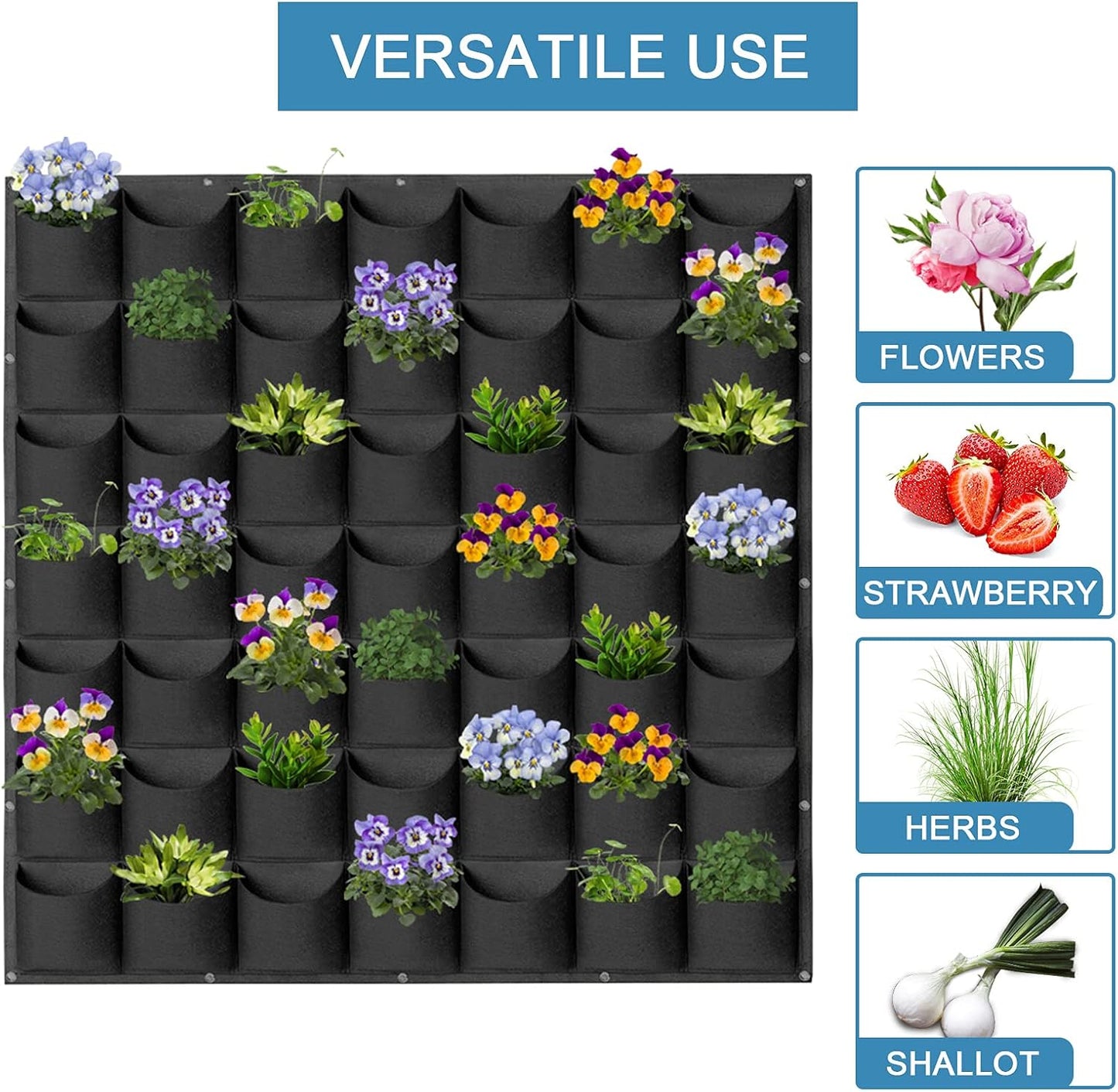 49 Pockets Hanging Planter Bags, Hanging Vertical Wall Mounted Plant Planting Grow Bags, Herb Garden Planter Outdoor Indoor Growing Bag, Gardening Vertical Greening Flower Container(1m×1m, Black)