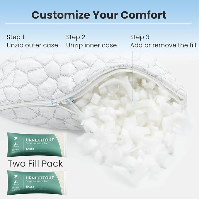 Shredded Memory Foam Pillows for Sleeping Pillows for Neck and Shoulder Pain Adjustable Bed Pillow King Pillow with 2 Extra Fill Blue