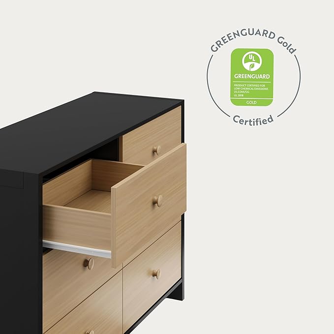 Storkcraft Calabasas 6 Drawer Dresser (Black with Driftwood) - GREENGUARD Gold Certified, 6 Drawer Dresser with Interlocking Drawer System, Dresser Drawer Organizer for Kids' Bedroom