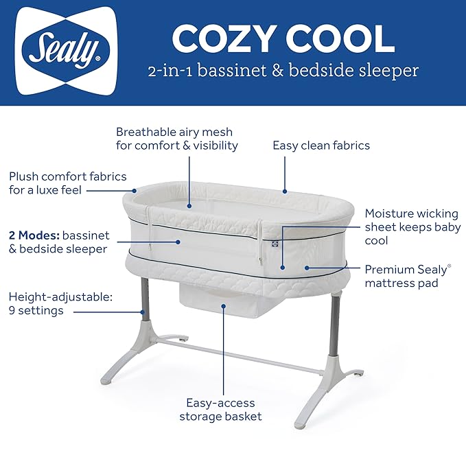 Sealy Baby Cozy Cool Breathable Airy 2-in-1 Baby Bassinet & Bedside Sleeper, Bedside Bassinet for Baby, Cooling, Height Adjustable, Stand-Alone or Bedside Sleeper, Drop-Down Panel for Easy Access