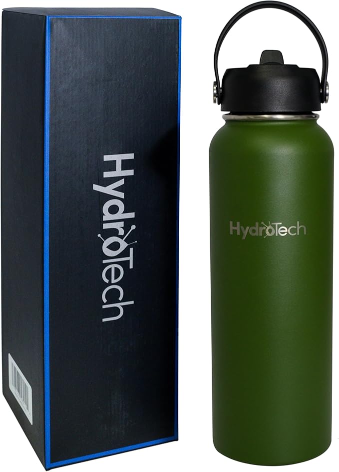 HydroTech Stainless Steel Leak Proof Water Bottle with Double Wall Insulation and 2 Lids (Straw Lid) - 40 OZ. (Dark Green)