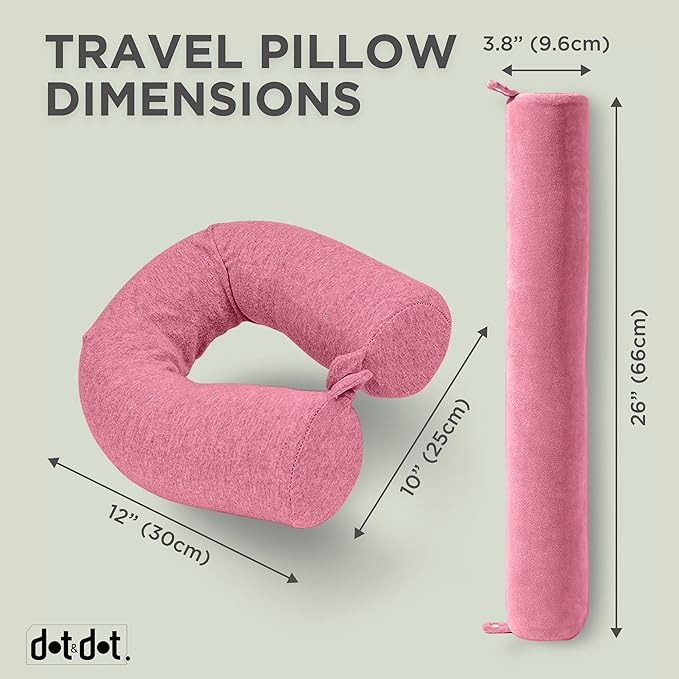 Dot&Dot Twist Memory Foam Travel Pillow for Airplanes - Travel Neck Pillow for Sleeping - Airplane Pillow for Neck Support, Chin, Lumbar and Leg - Adjustable, Bendable Neck Roll Pillow (Pink)