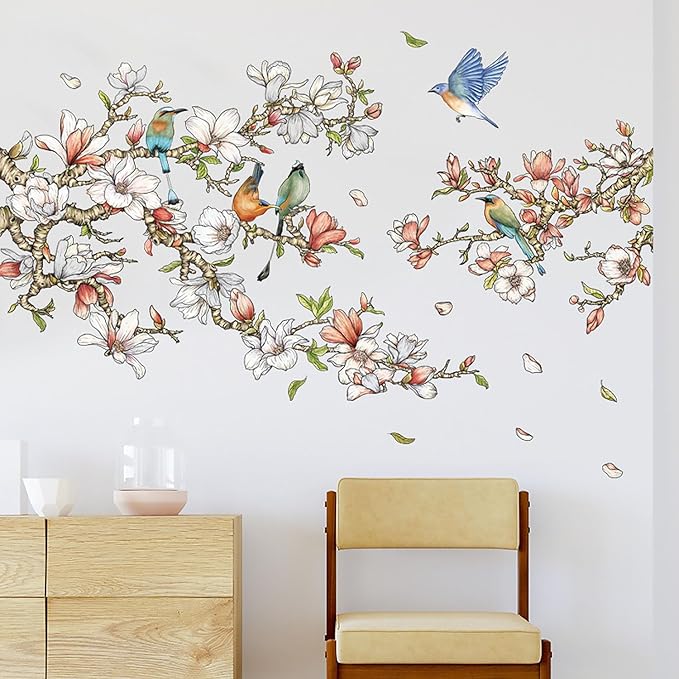 Orchid Blossom Tree Branch Wall Decals Peel and Stick Birds Vinyl Wall Stickers 3D Wall Art Stickers Home Decor for Gilrs Bedroom Nursery Rooms Living Room
