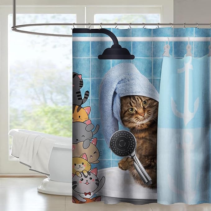 AILONEN Funny Cat Shower Curtain for Kids 36"W*72"H Inch, Cartoon Animal Bathroom Curtain,12 Pack Hooks Polyester Waterproof Fabric Decor for Bathroom,Cute Kitten Taking Shower Cloth Fabric Bathroom