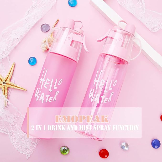 Emopeak 580ML Misting Water Bottle, 20OZ Sports Water Bottle with Spray Mist for Outdoor Hydration, BPA-Free Mist Water Bottle (Pink Transparent, 580ml/20oz)