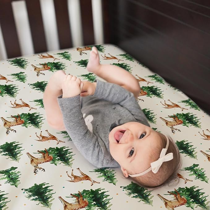 ACRABROS Crib Sheets for Girl Boy: Stretchy Baby Fitted Crib Mattress Sheets Sets 2 Pack Standard Size Ultra Soft Neutral, Blossom Deer&Green Leaf