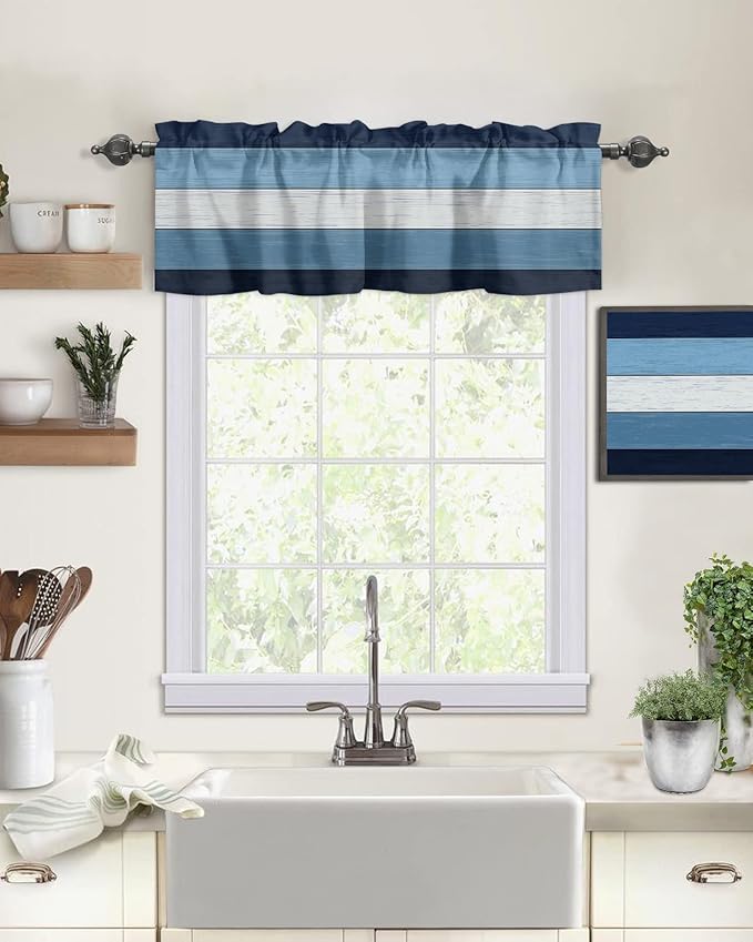 Farmhouse Kitchen Curtains Valances for Windows ,Navy Sky Blue White Rod Pocket Country Window Treatment for Kitchen /Living Room/Bedroom/ Bathroom,42" X 12" -1 Panel, Retro Rustic Barn Wood Texture