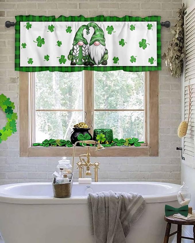 Gnome St. Patrick's Day Kitchen Curtains Valances for Windows Buffalo Plaid Shamrock Rod Pocket Window Treatment for Kitchen /Living Room/Bedroom/ Bathroom, 42" X 18", Seasonal Spring Holiday