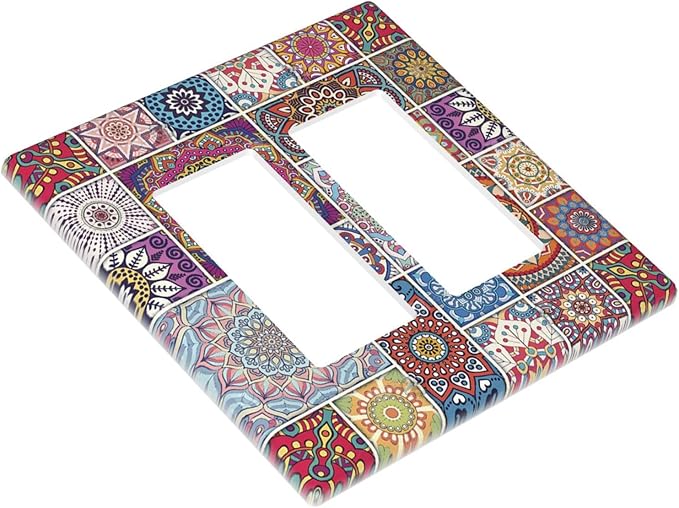 Morocco Talavera Mexican Tiles Printed Colroful Mandala 2 Gang Rocker Decora Light Switch Covers Dual Outlet Covers Wall Plate Decorative Switchplate Electrical Faceplate GFCI for Kitchen Bathroom