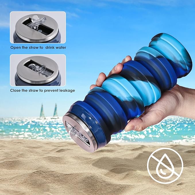 BeHeSo Collapsible Water Bottles with Silicone Brush - Straw Silicone Foldable Water Bottle Reusable Camping Cup Leak Proof Portable Travel Sport Water Bottle-500ml/17oz (Blue Camo)