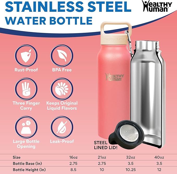 Healthy Human Stainless Steel Water Bottle | Double Walled Vacuum Insulated Water Thermos for Adults | Eco-Friendly Travel Bottles with Leak Proof Lid (Rose, 21 oz/ 621 ML)
