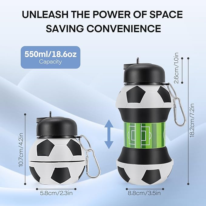 Kids Sports Collapsible Water Bottle | Ball Shaped Drinking Cup | Foldable BPA Free Leakproof Lightweight Silicon Jug | School Lunch Mug Team Gift Travel (Soccer 550ml/18.6oz)