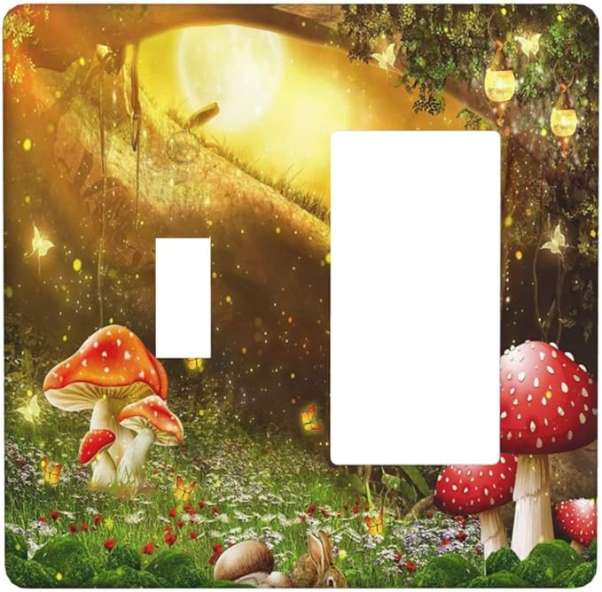 Red Mushroom Forest Fairy Moon Butterfly 2 Gang Single Toggle Rocker Combination Bohemian Light Switch Covers Decorative Wall Plate Cover Electrical Faceplate Switchplate for Kidroom