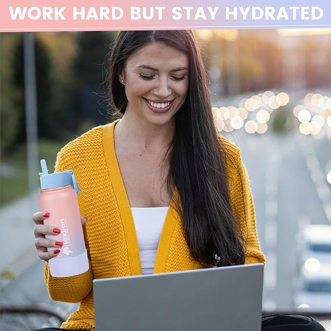 Water Bottle 32oz, Triple Walled Insulated Stainless Steel Reusable Bottle, Silicone Sleeve, Cleaning Brush, 2 Lids (Spout lid & Straw lid w/2 straw), Metal Mug Gallon, BPA Free, Pinky