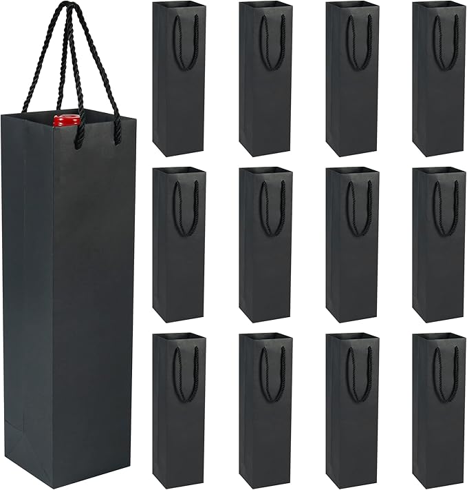 HRX Package Sturdy Kraft Paper Single Bottle Wine Gift Bags, 12PCS Quality Paper Wine Tote Bags with Handles for Christmas, Party, Shopping, Retail Merchandise (Black)