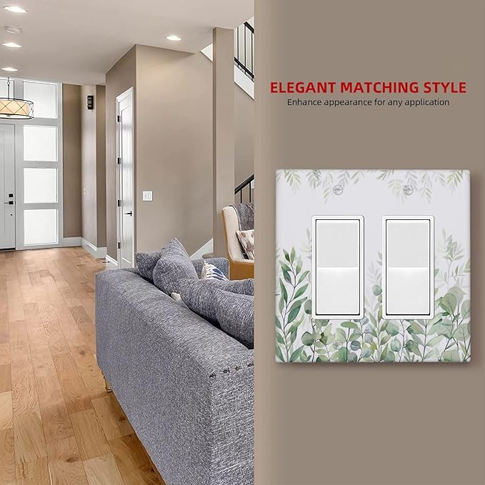 Green Eucalyptus Rustic Botanical Plant Leaves 2 Gang Rocker Decora Boho Light Switch Covers Decorative Dual Outlet Covers Wall Plate Electrical Faceplate Switchplate GFCI for Country Bedroom