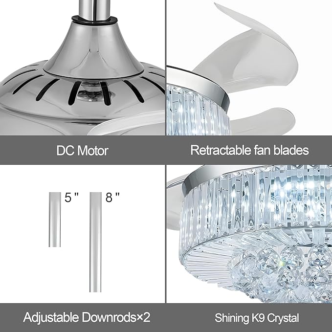 42'' Crystal Chandelier Fan Fandelier Retractable Ceiling Fans with Light and Remote, Invisible Fandelier Ceiling Fan with Light for Bedroom (Crystal-Silver)