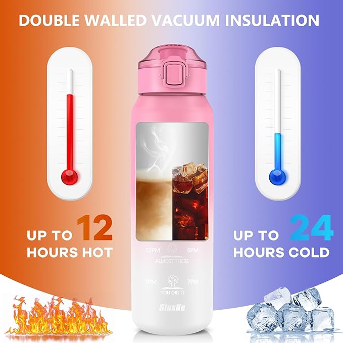 Sports Water Bottle 18/10 Stainless Steel 32oz with 2Lids, 1000ml Insulated Water Bottle Double Walled with Handle, Metal Canteen Keep Cold 48H Hot 24H for Men, Women & Kids