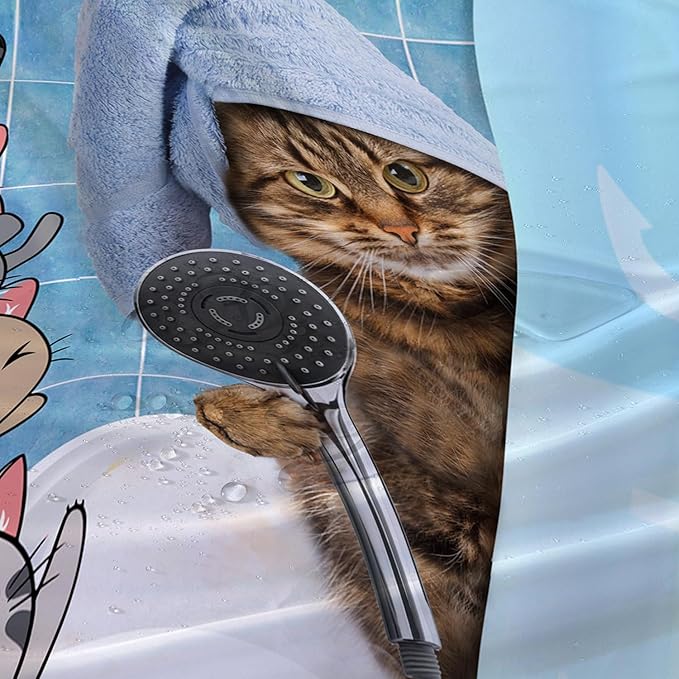 AILONEN Funny Cat Shower Curtain for Kids 48"W*72"H Inch, Cartoon Animal Bathroom Curtain,12 Pack Hooks Polyester Waterproof Fabric Decor for Bathroom,Cute Kitten Taking Shower Cloth Fabric Bathroom