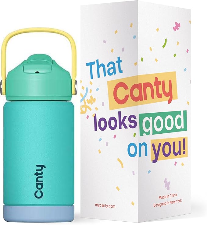 Canty Kids Stainless Steel Water Bottle with Straw, Anti-Slip Base and Giftable Full Colored Box, Great for Travel (Aqua, 12 Oz)
